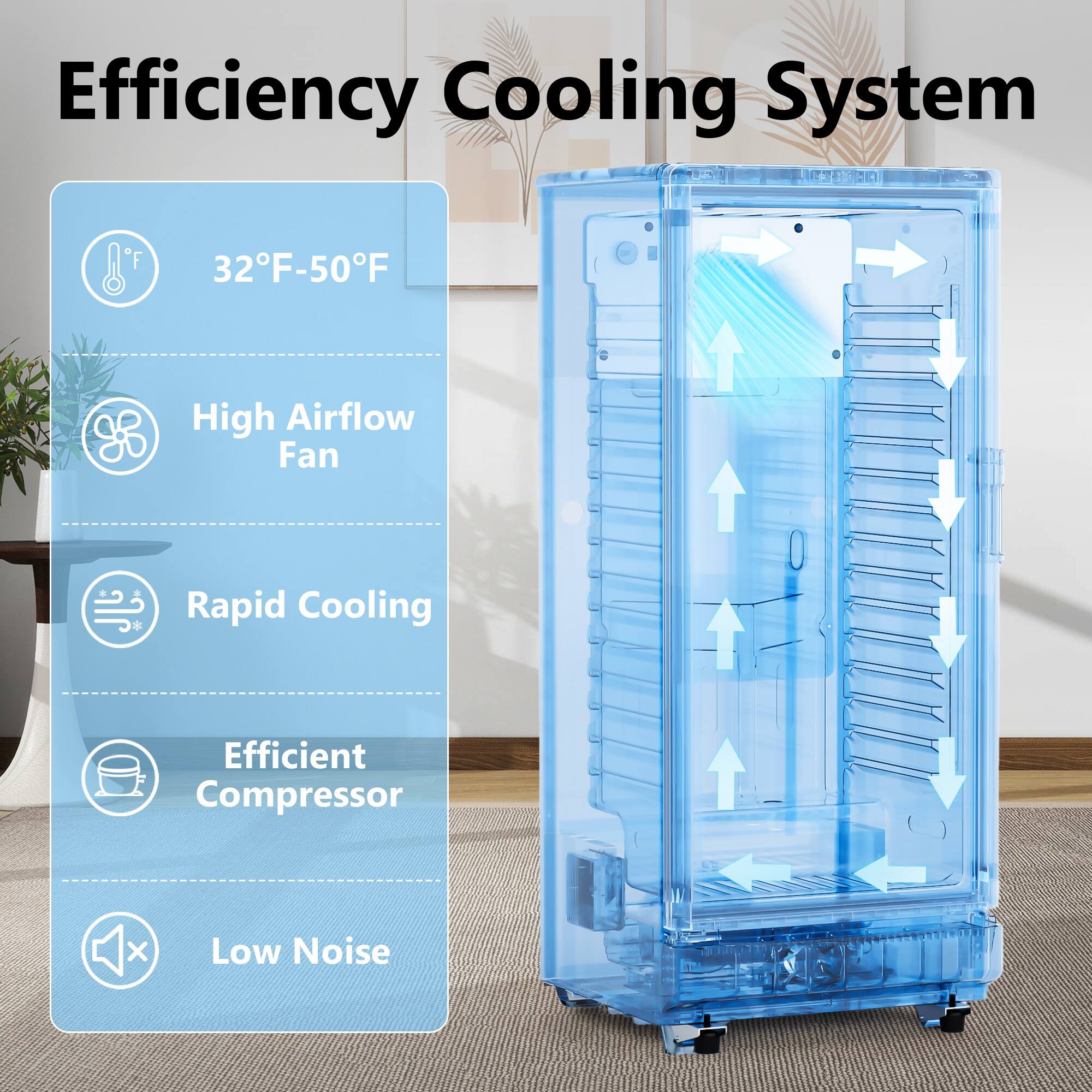 Efficiency Cooling System

- 32°F-50°F
- High Airflow Fan
- Rapid Cooling
- Efficient Compressor
- Low Noise
