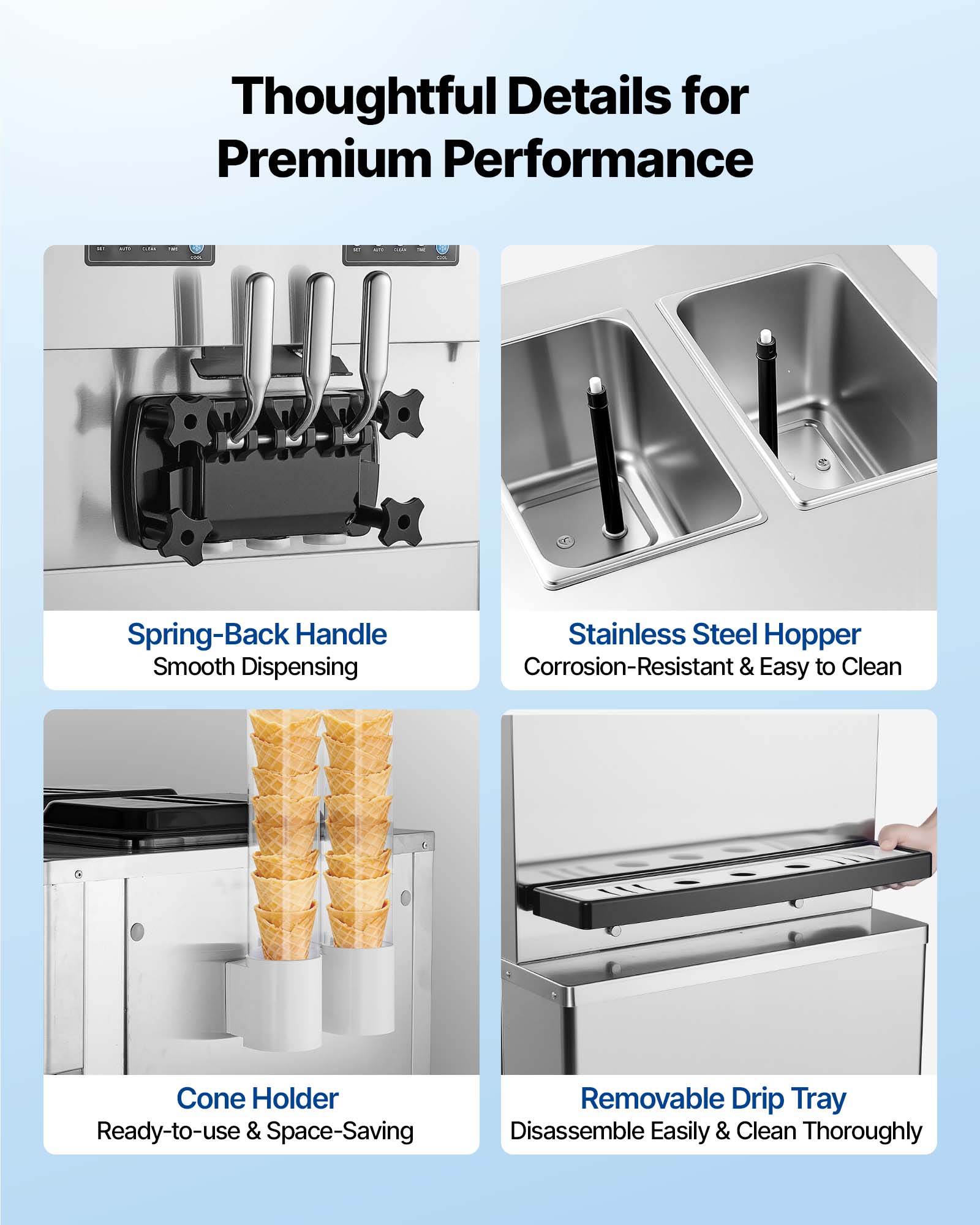 Thoughtful Details for Premium Performance

- Spring-Back Handle: Smooth Dispensing
- Stainless Steel Hopper: Corrosion-Resistant & Easy to Clean
- Cone Holder: Ready-to-use & Space-Saving
- Removable Drip Tray: Disassemble Easily & Clean Thoroughly