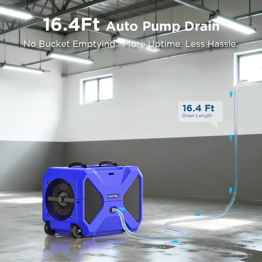 16.4 Ft Auto Pump Drain  
No Bucket Emptying. More Uptime. Less Hassle.  
16.4 Ft Drain Length  
HOSWELL
