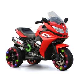 BreeBe - 12V Kids Electric Motorcycle, 3-Wheel Rechargeable Ride On Bike with LED Wheels, Fun Toy for Boys & Girls - Red