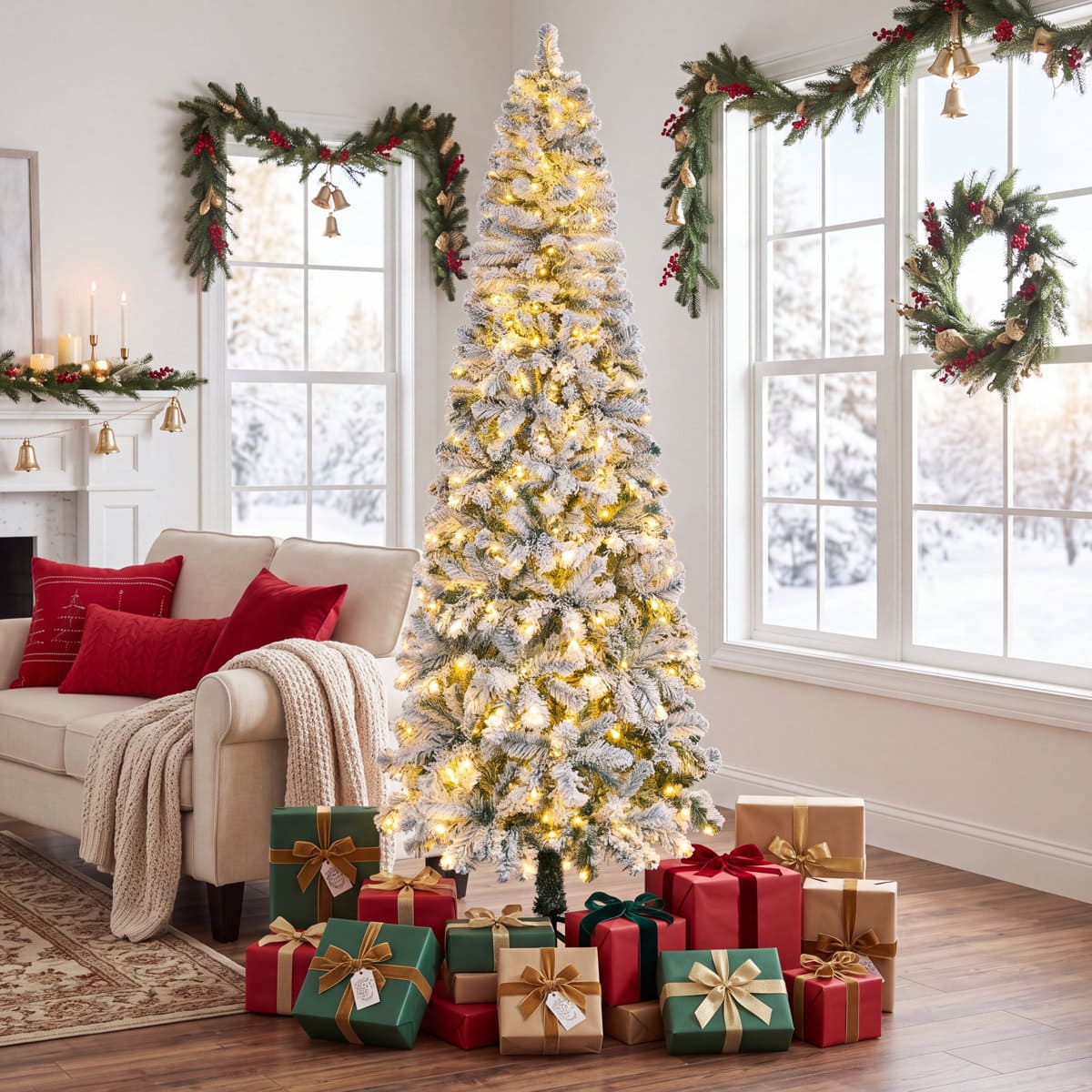 Front. Wisairt - 9FT Pre-Lit Flocked Pencil Christmas Tree, 976 Tips, 500 LED 11 Modes - Green.