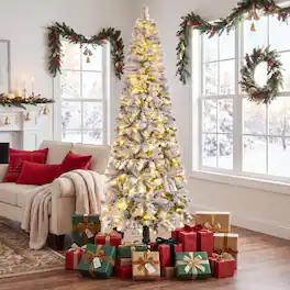 Wisairt - 9FT Pre-Lit Flocked Pencil Christmas Tree, 976 Tips, 500 LED 11 Modes - Green