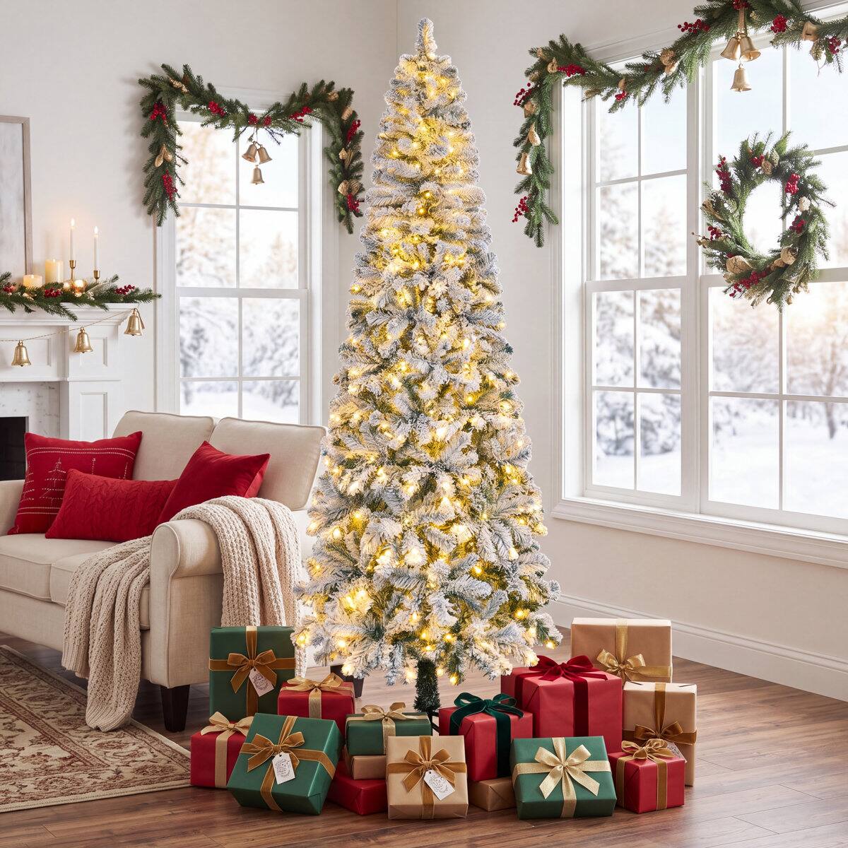 Front. Wisairt - 9FT Pre-Lit Flocked Pencil Christmas Tree, 976 Tips, 500 LED 11 Modes - Green.