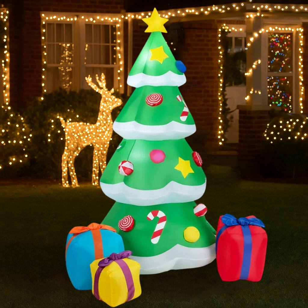 Angle. BreeBe - Christmas Yard Inflatable Tree with Wrapped Gift Boxes - Green.