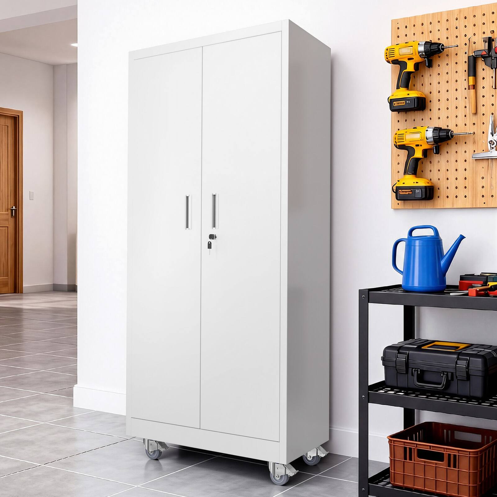Back. Winado - Metal Storage Cabinet with 2 Doors, 4 Adjustable Shelves, 750 lbs Capacity, 360° Swivel Wheels for Garage, Office, Home - White.