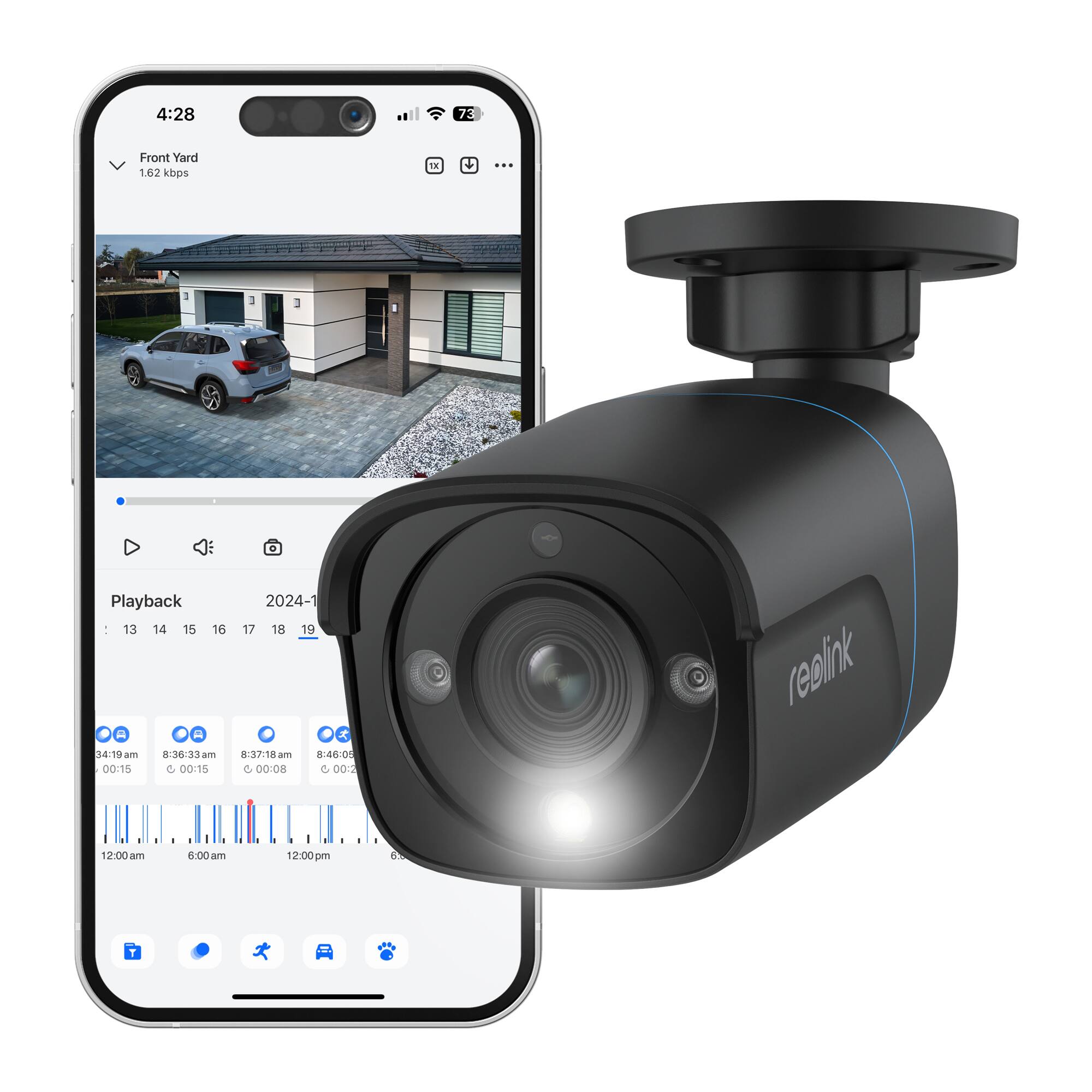 Front Yard  
1.62 kbps  

Playback  
2024-1  

13 14 15 16 17 18 19  

34:19  
8:36-33am  
8:37:18am  
00:15  
00:16  
00:08  
00:15  

reolink  

12:00 am  
6:00 am  
12:00 pm