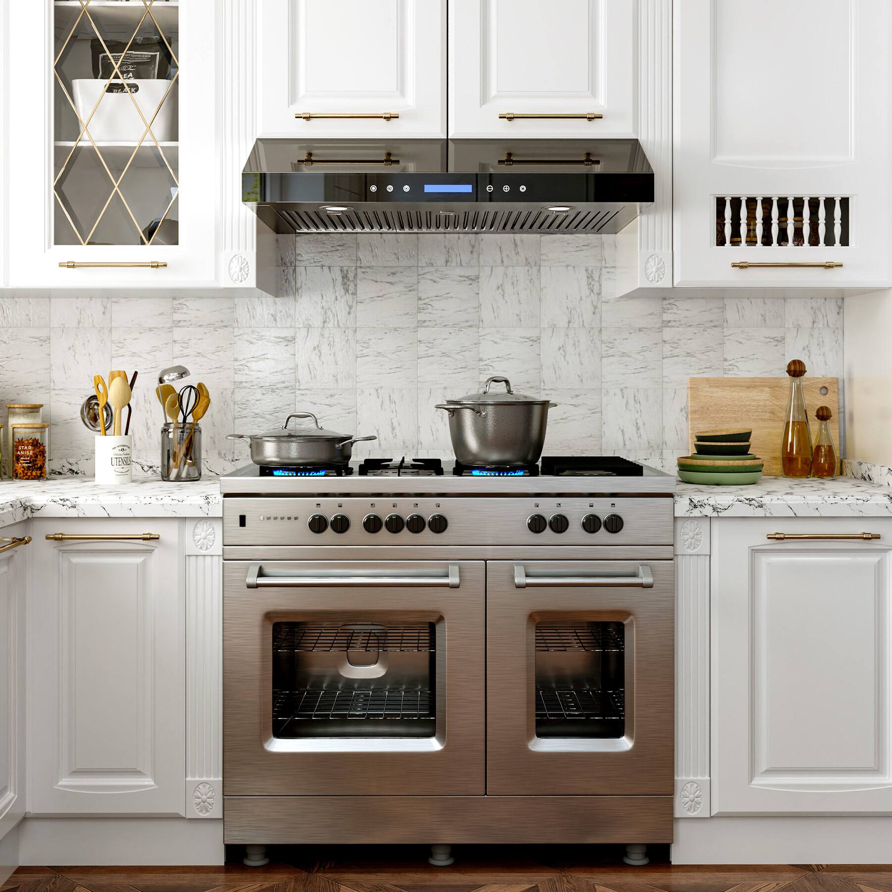 Alt View 1. Onefly - 36 Inches - Ducted - Under Cabinet Range Hood - Black Tempered Glass.