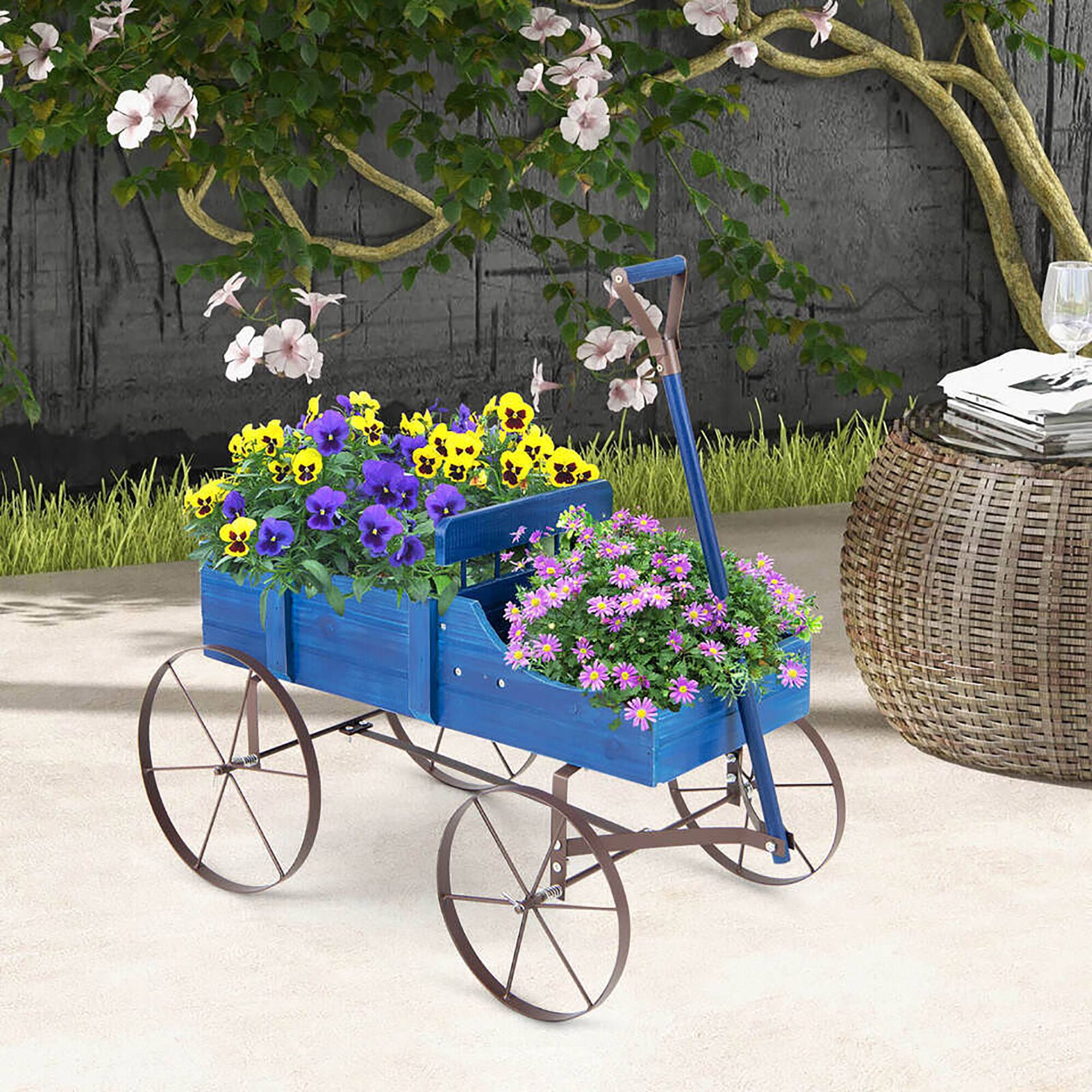 Alt View 3. Gymax - Gymax Patiojoy Wooden Garden Flower Planter Wagon Plant Bed W/ Wheel Garden Yard Blue - Blue.