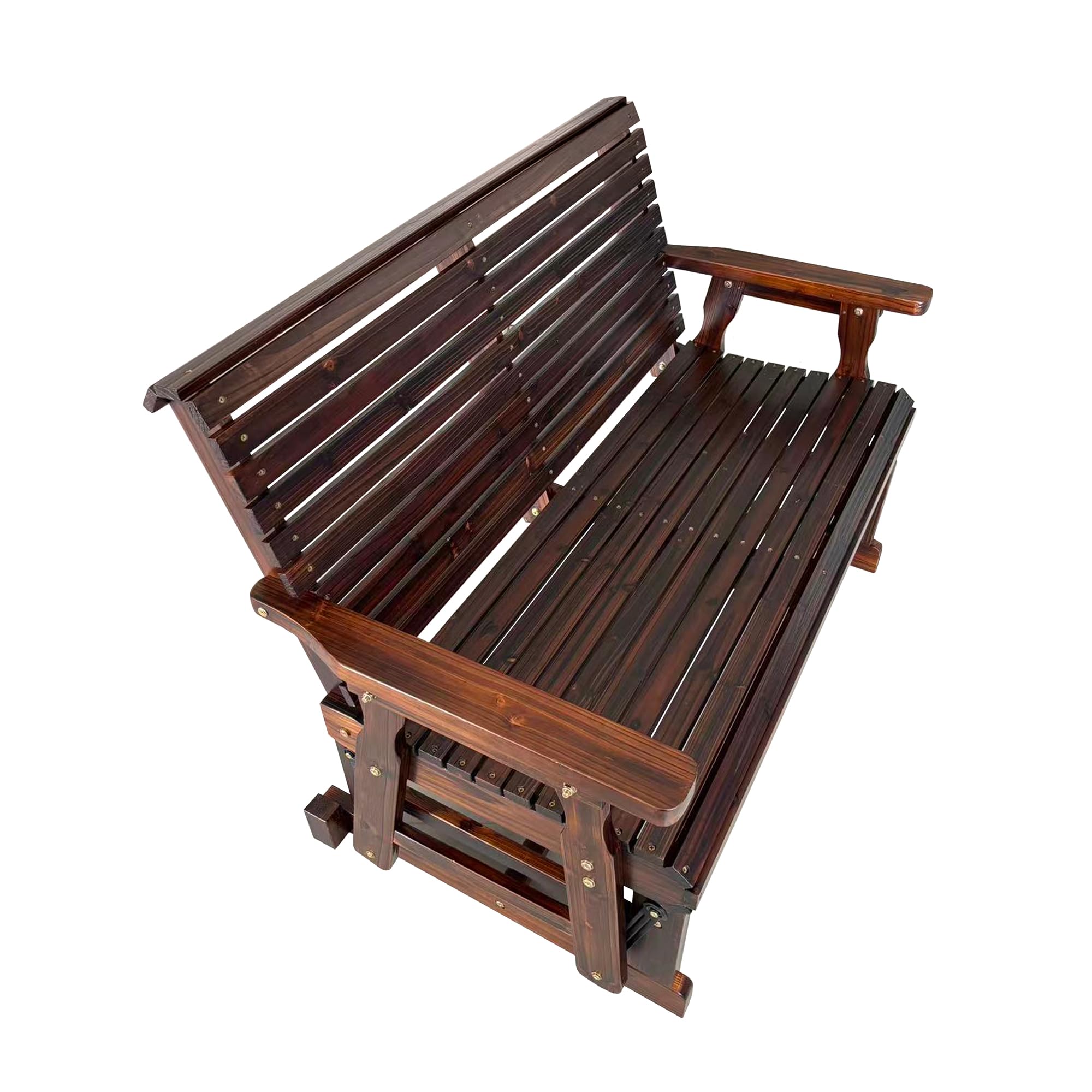 Left. Fortune Candy - Wooden Patio Glider with High Roll Back and Deep Contoured Seat, Solid Fir Wood, 2-Seater, Heavy Duty 800 LBS, 4 Ft - Deep Brown.