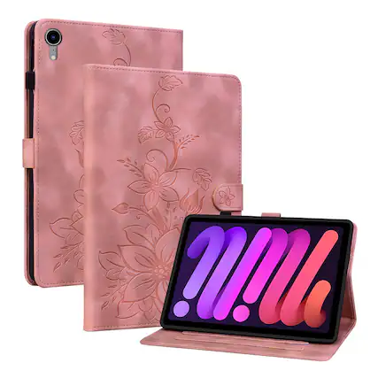 Front. Dteck - Case for Apple iPad mini (A17 Pro) 2024 & iPad mini 6th Gen 8.3" 2021,Embossed Pattern PU Leather Flip Card Holder Cover - Pink.