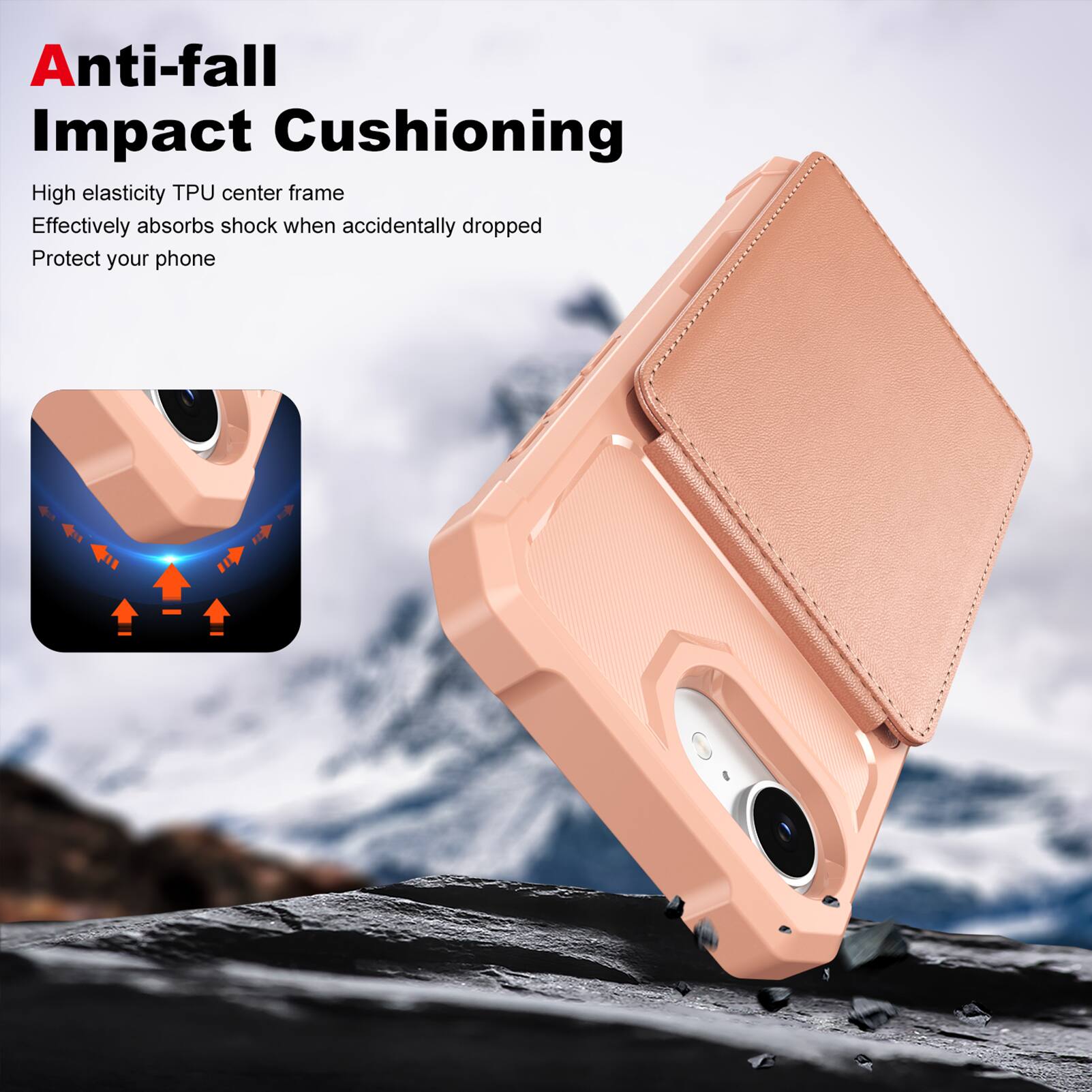 Anti-fall Impact Cushioning

High elasticity TPU center frame  
Effectively absorbs shock when accidentally dropped  
Protect your phone