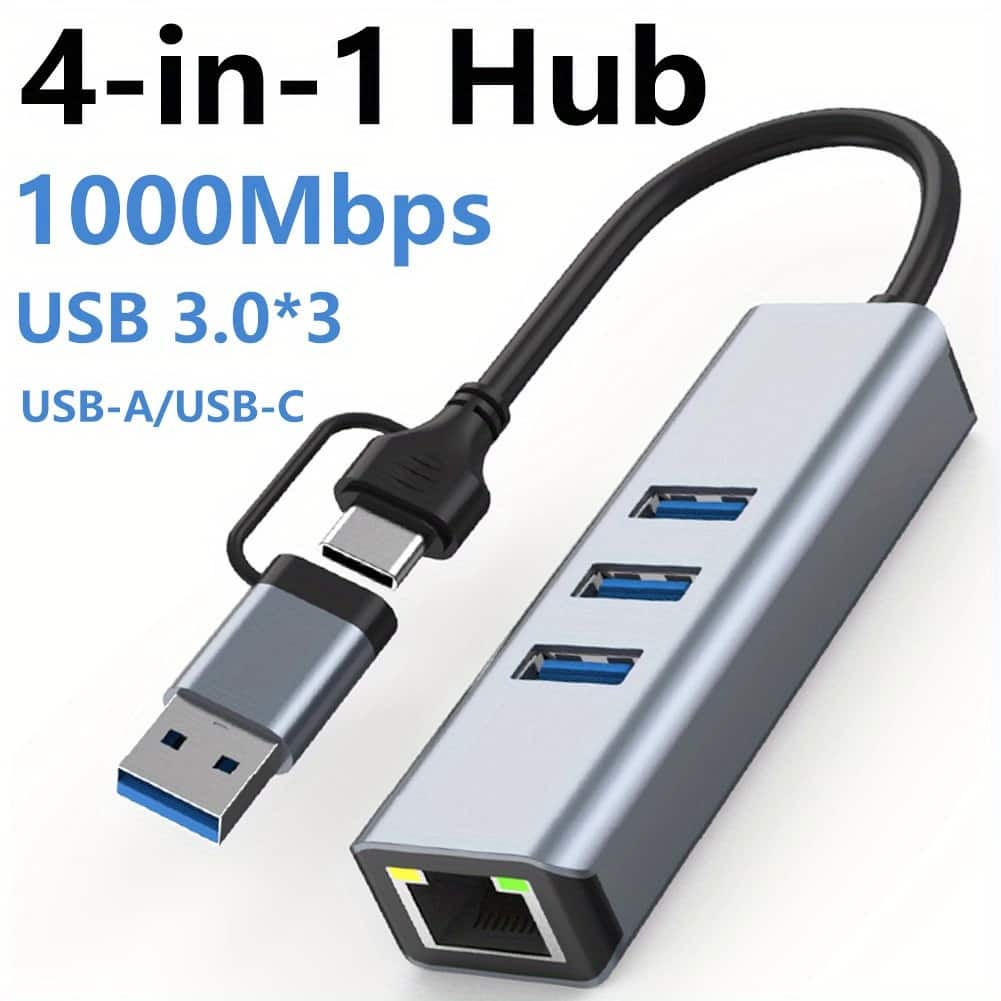 Acteck - 4-in-1 USB C Hub with Gigabit Ethernet & 3x USB 3.0 Ports, 5Gbps Data Transfer, Portable Adapter for Laptop & PC - Silver