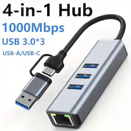 Acteck - 4-in-1 USB C Hub with Gigabit Ethernet & 3x USB 3.0 Ports, 5Gbps Data Transfer, Portable Adapter for Laptop & PC - Silver