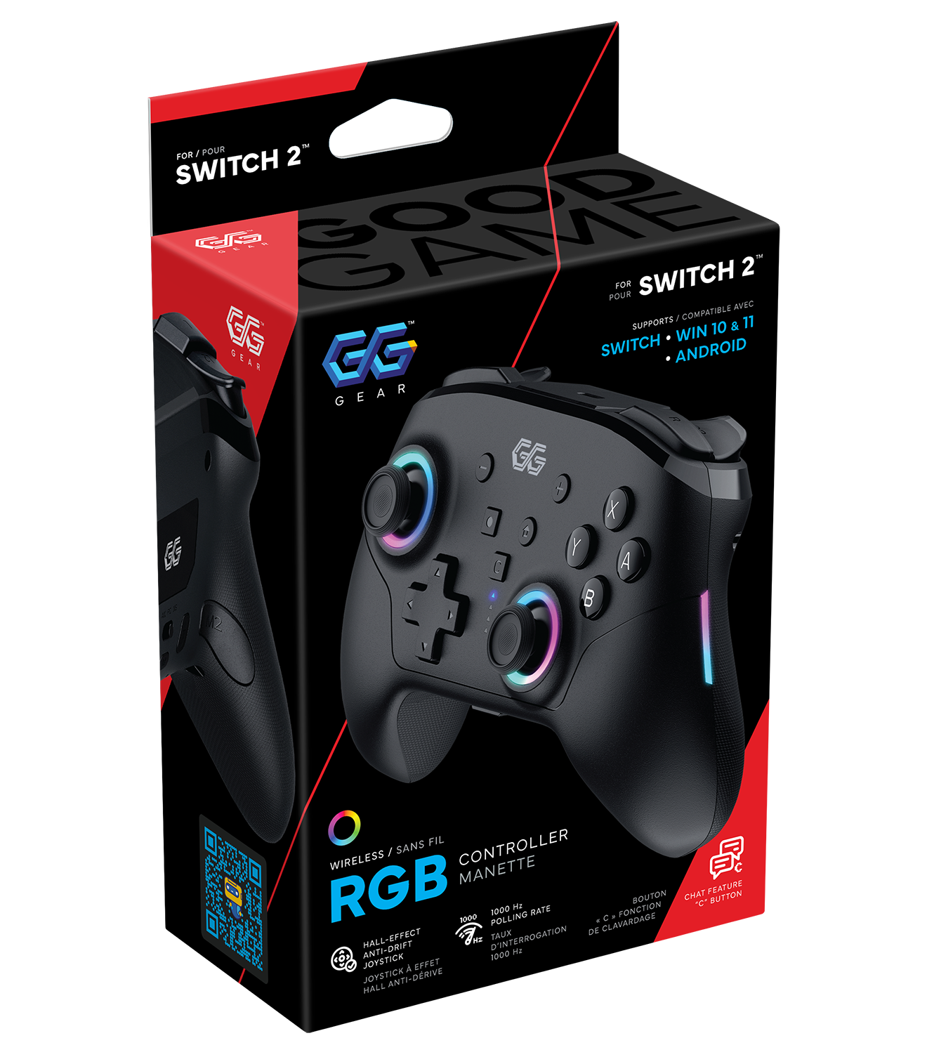 FOR/POUR SWITCH 2"  
COMPATIBLE AVEC SWITCH, WIN 10 & 11, ANDROID  
SANS FIL CONTROLLER / WIRELESS MANETTE RGB  
BOUTON CHAT FEATURE BUTTON "C"  
1000 RATE POLLING / 1000 Hz  
TAUX DE NATURAL ANTI-DRIFT / HALL-EFFECT D'INTERROGATION 1000  
10 JOYSTICK / EFFET JOYSTICK ANTI-DERIVE HALL