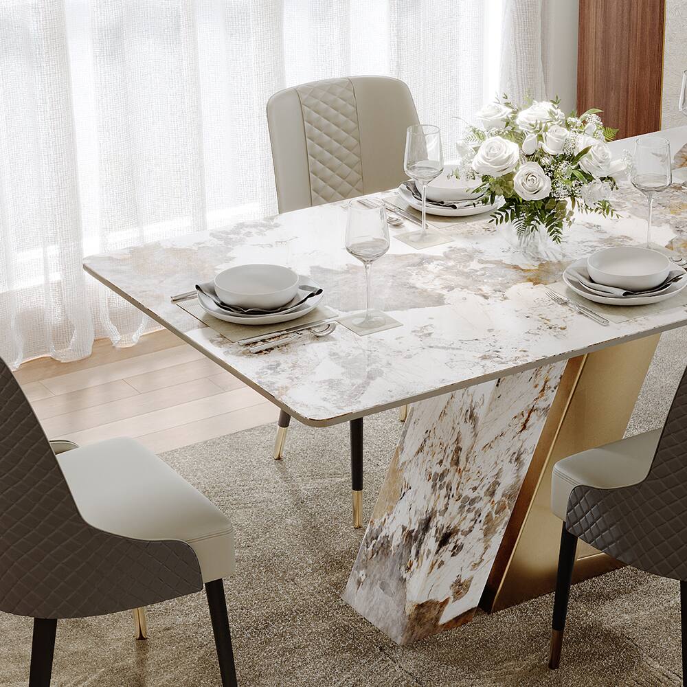 Alt View 1. POVISON - 71"Modern Luxury Glossy Gold Sintered Stone Rectangular Dining Table for 4-6, White & Gold Z-shaped Stainless Steel Base - Pandora & Gold.