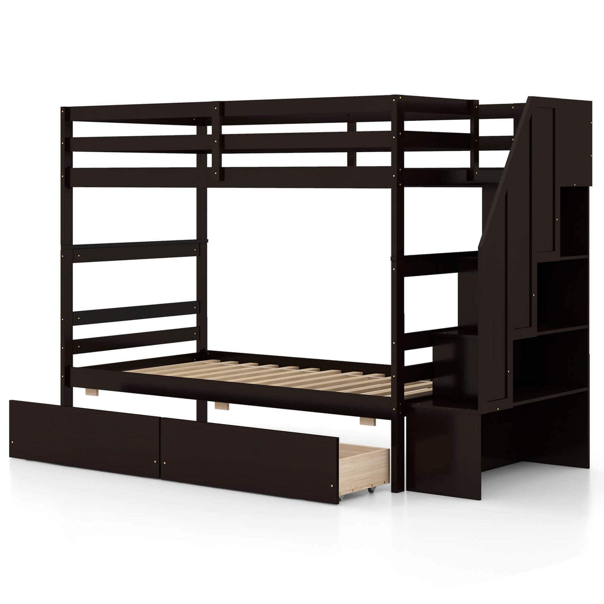 Front. Costway - Twin Over Twin Bunk Bed with Storage Stairs & Drawers Full-length Guardrails - Brown.