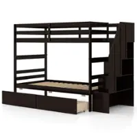 Costway Twin Over Twin Bunk Bed with Storage Stairs & Drawers Full-length Guardrails - Brown - Front_Zoom