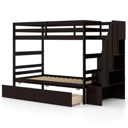 Front. Costway - Twin Over Twin Bunk Bed with Storage Stairs & Drawers Full-length Guardrails - Brown.