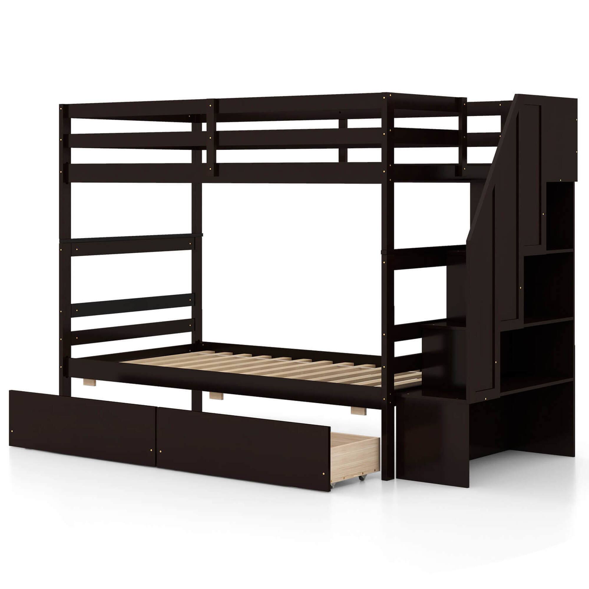 Costway - Twin Over Twin Bunk Bed with Storage Stairs & Drawers Full-length Guardrails - Brown
