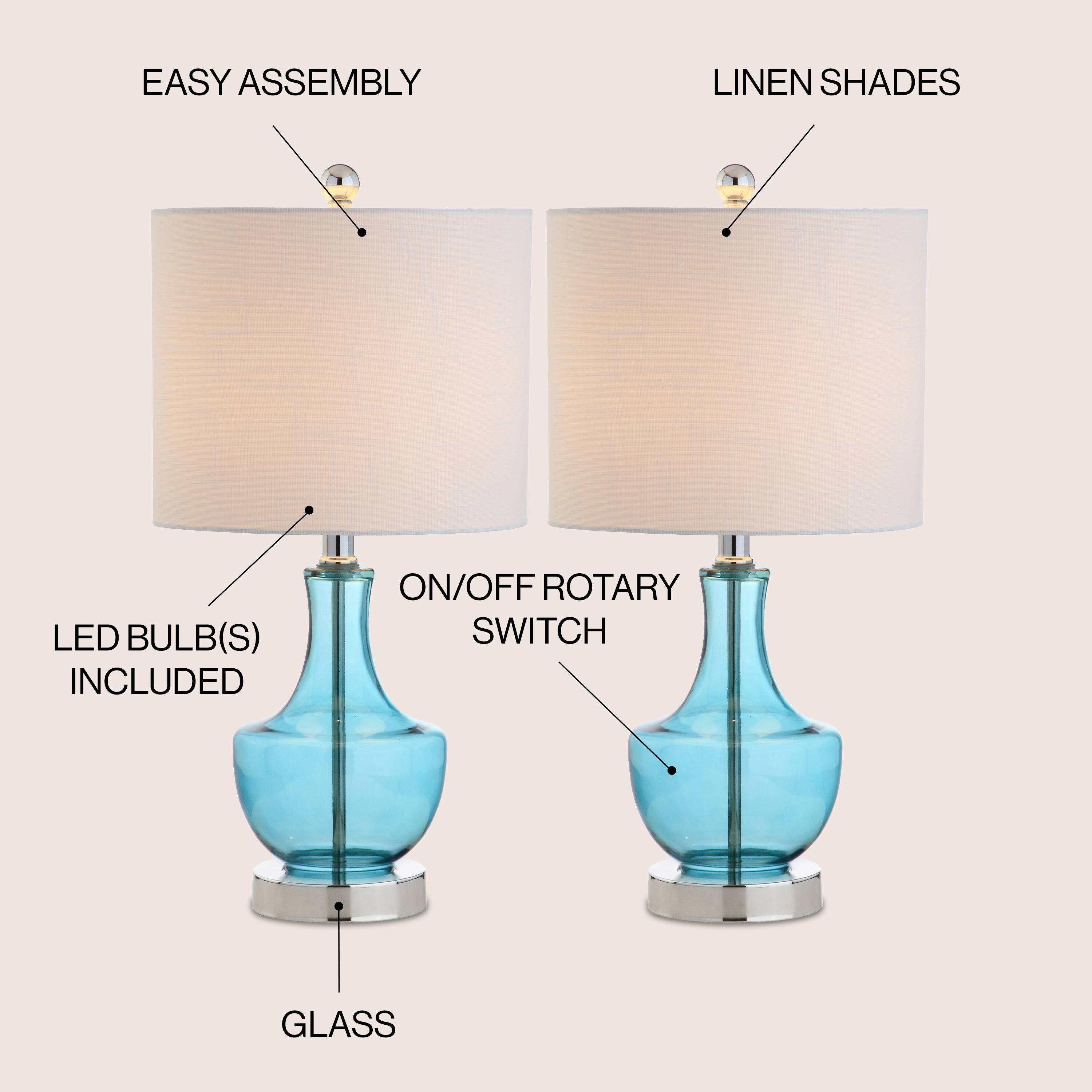 - EASY ASSEMBLY
- LINEN SHADES
- LED BULB(S) INCLUDED
- ON/OFF ROTARY SWITCH
- GLASS