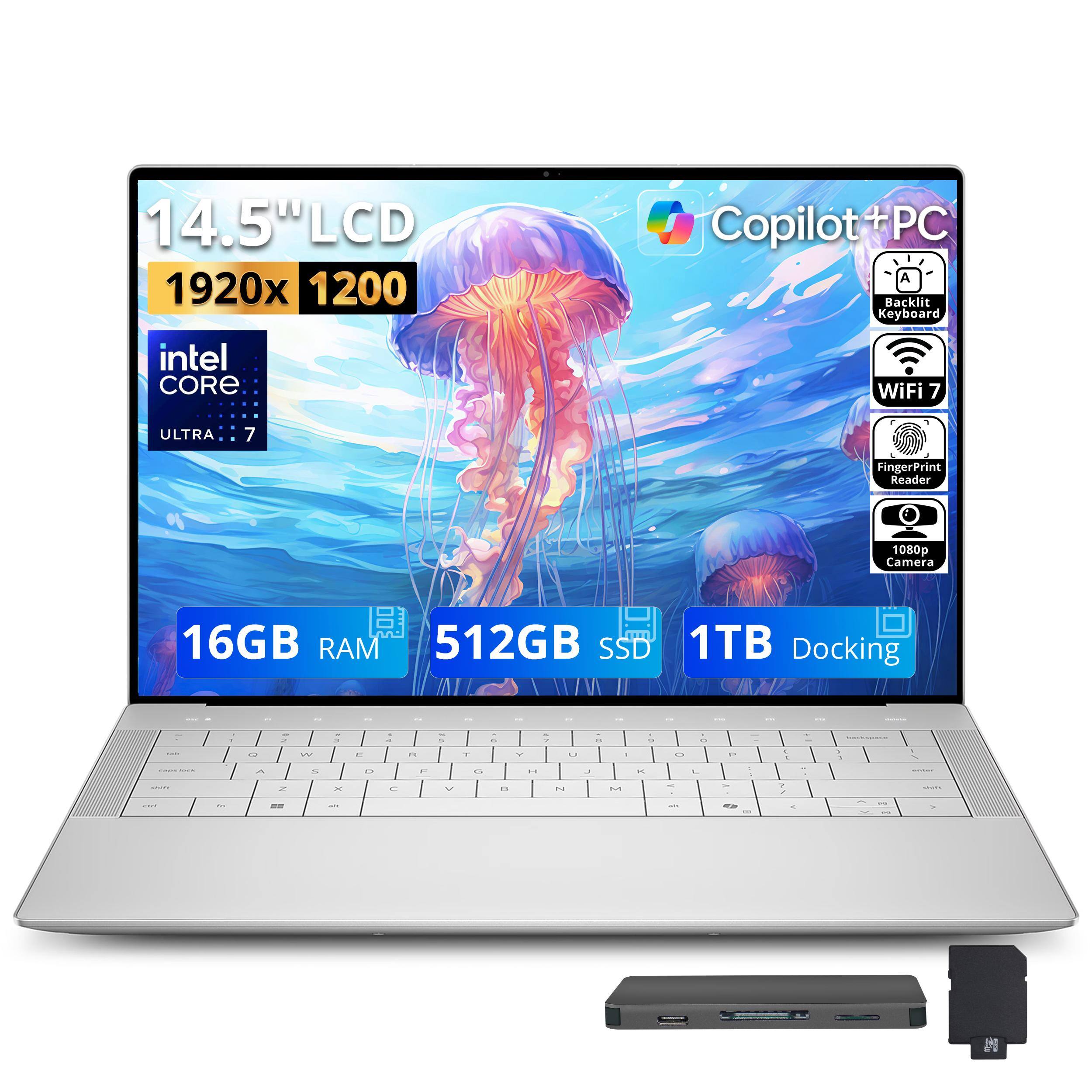 14.5" LCD 1920x1200  
Copilot PC  
Backlit Keyboard  
Intel Core Ultra 7  
WiFi 7  
Fingerprint Reader  
1080p Camera  
16GB RAM  
512GB SSD  
1TB Docking