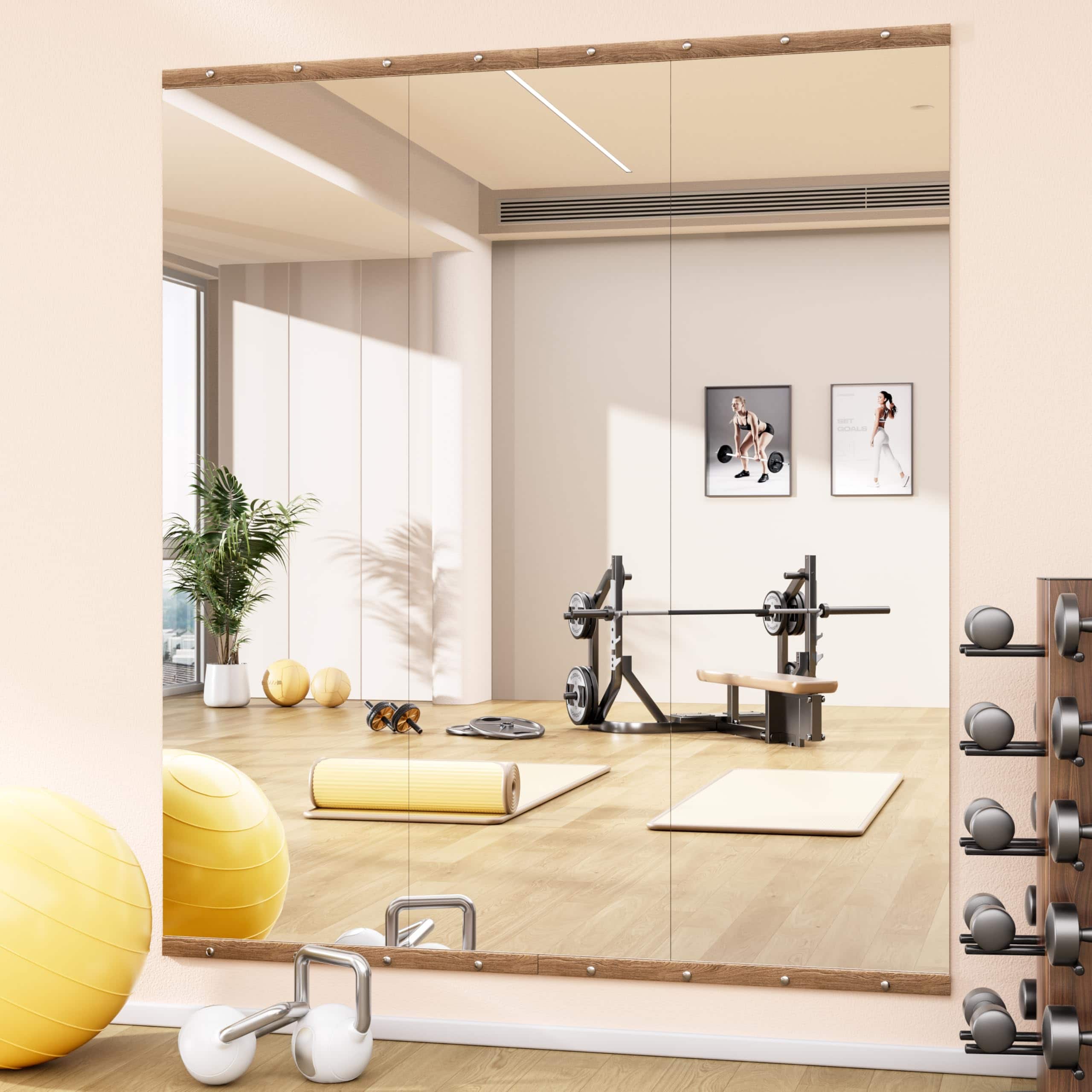 Cedar Assembly - Home Gym Mirror 55" X 17" W - Full Body For Yoga Wall-mounted Mirrors Fitness Garage Dance Studio 0 16in - Light Walnut-55"Lx20"W-3PCS