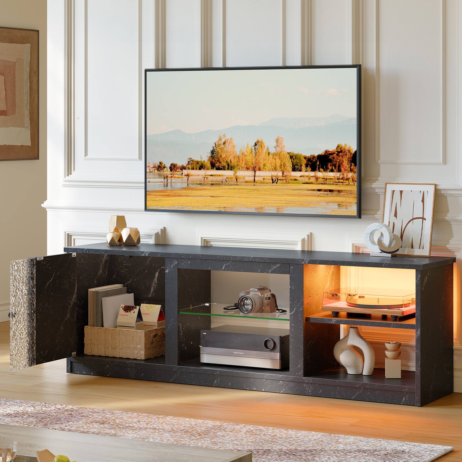 Angle. Pinmoco - Pinmoco - 70" LED Marble TV Stand with Bookshelves & Cabinet - Marble Black - Marble Black.