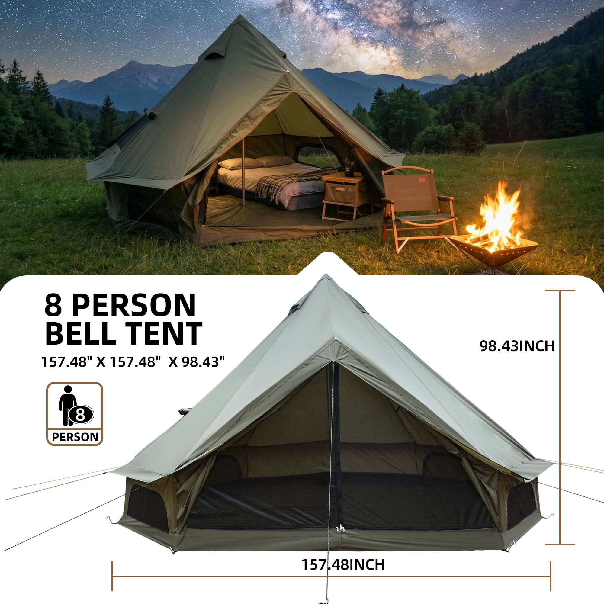 8 PERSON BELL TENT  
157.48" X 157.48" X 98.43"  
98.43INCH  
8 PERSON  
157.48INCH
