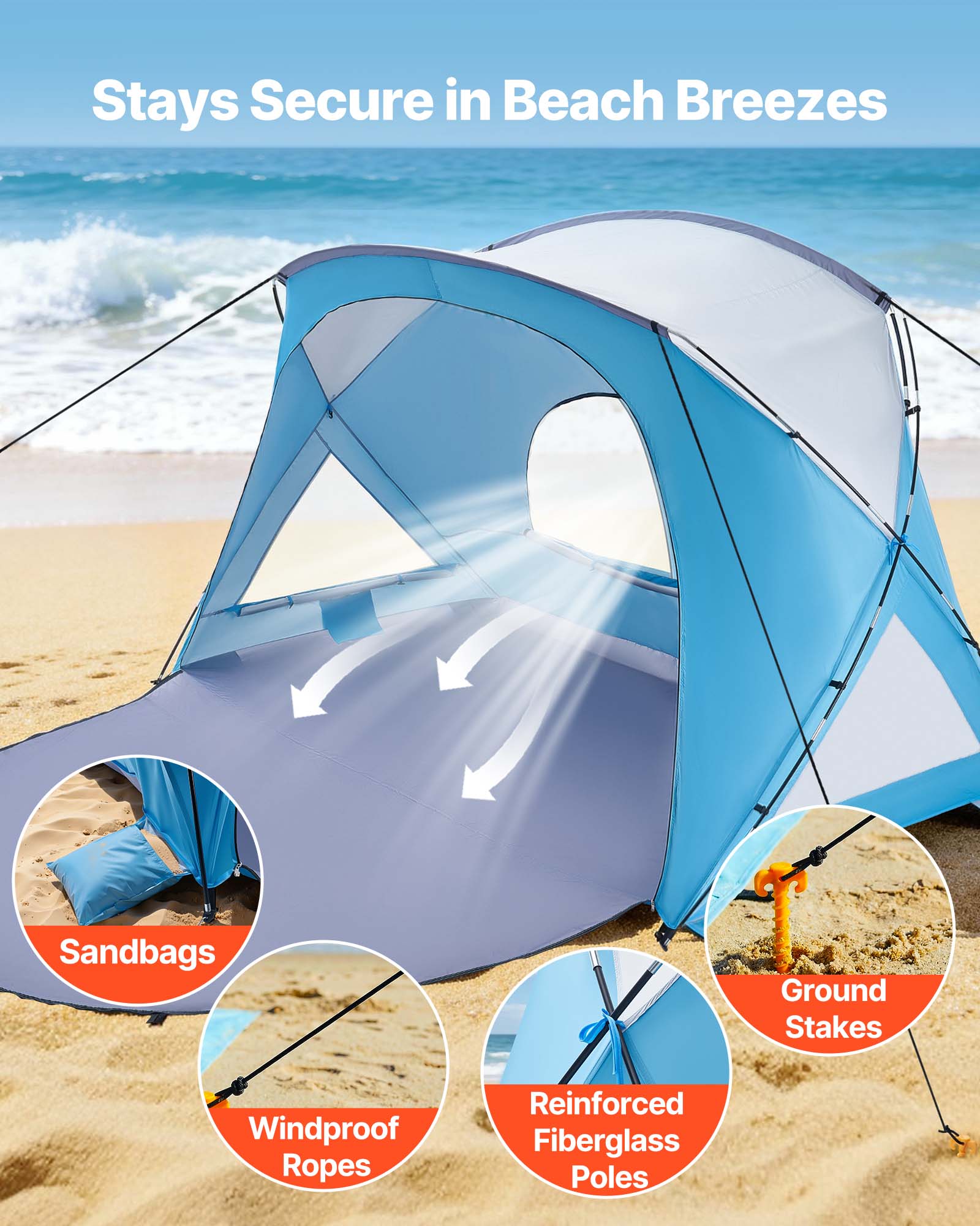 Stays Secure in Beach Breezes  
Sandbags  
Ground Stakes  
Windproof Ropes  
Reinforced Fiberglass Poles