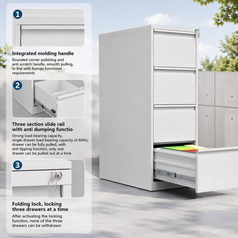 1. Integrated molding handle
   Rounded corner polishing and anti scratch handle, smooth pulling, in line with human functional requirements

2. Three section slide rail with anti dumping function
   Strong load-bearing capacity, single drawer load-bearing capacity of 60KG, drawer can be fully pulled, with anti tipping function, only one drawer can be pulled out at a time

3. Folding lock, locking three drawers at a time
   After activating the locking function, none of the three drawers can be withdrawn