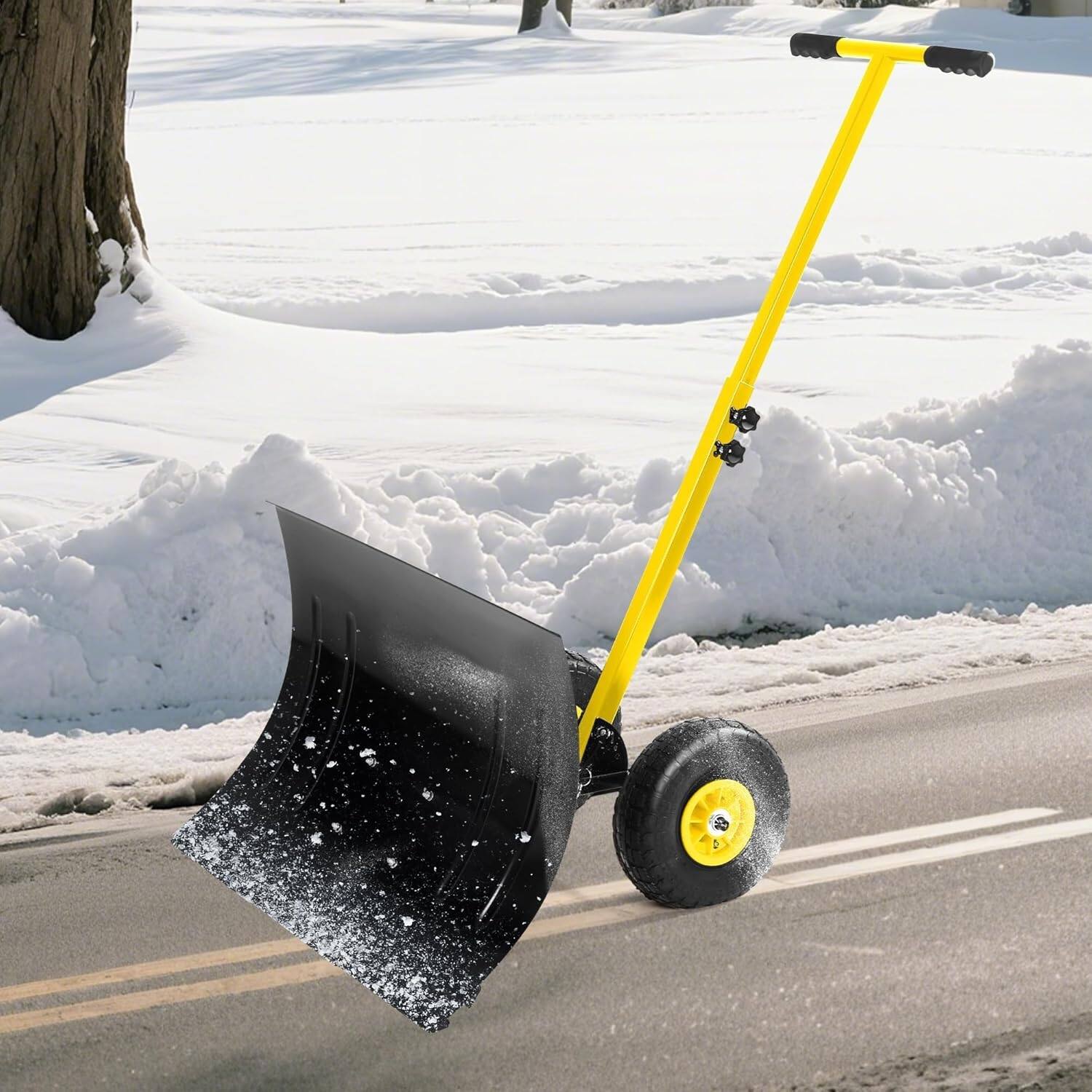 Front. Babevy - 29.1x16.5in Wheeled Snow Shovel, Adjustable Handle/Angle, Heavy Duty Pusher, Driveway Removal Tool, Yellow.