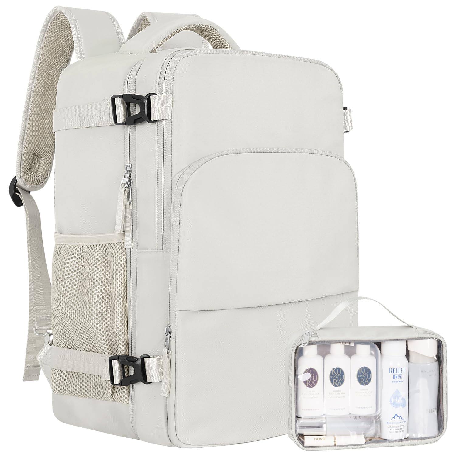 Front. Stamp n Camp - Travel Backpack For Men Women Personal Item Bag With Multi pockets Airline Approved Carry On Fits 16inch Laptop - Beige-X-Large.