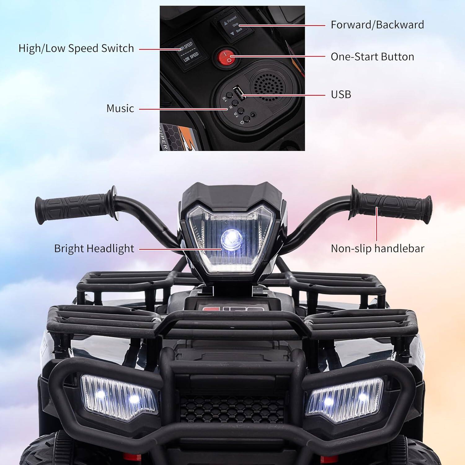 - High/Low Speed Switch
- Forward/Backward
- One-Start Button
- USB
- Music
- Bright Headlight
- Non-slip handlebar