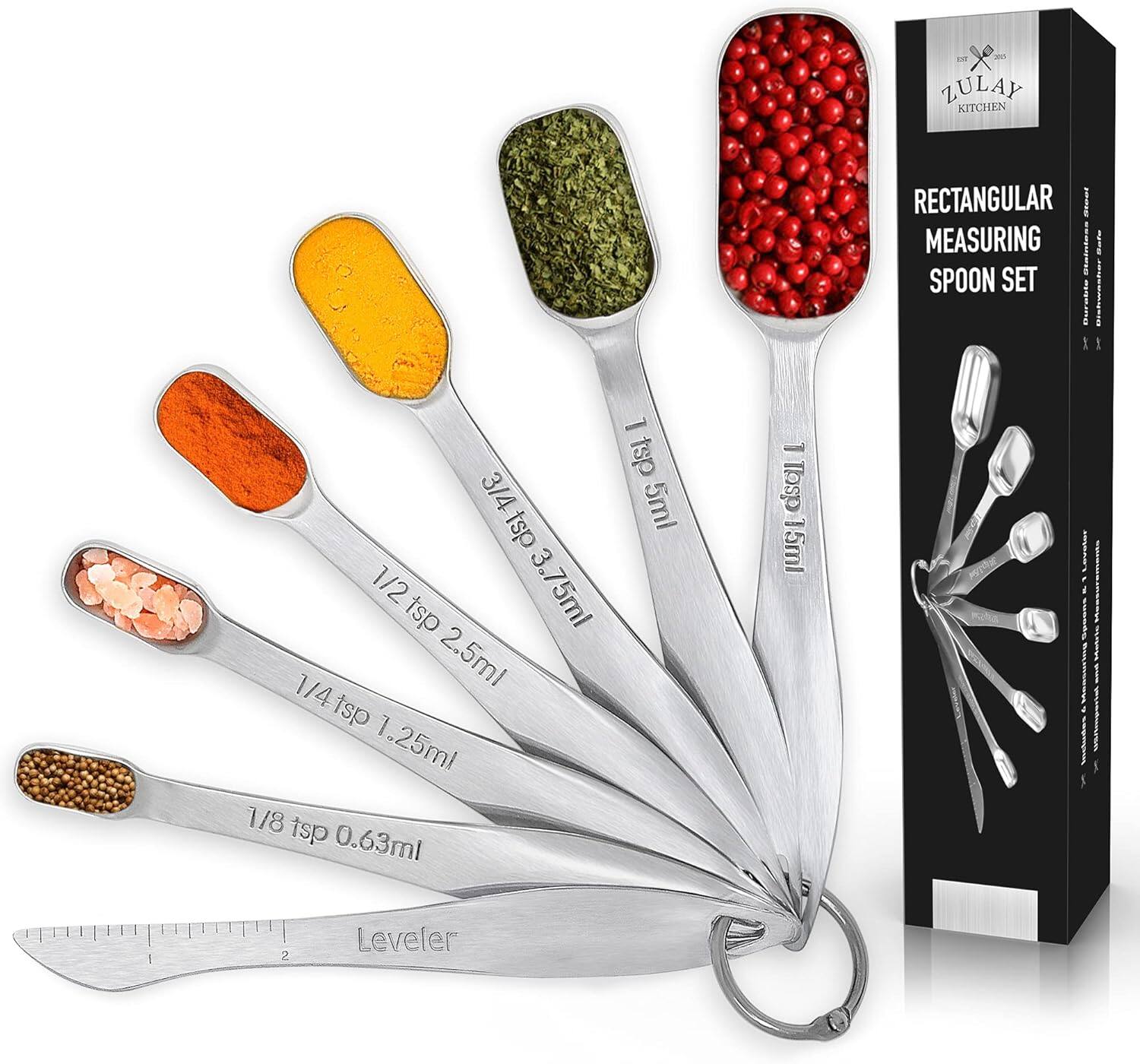Zulay Kitchen - Heavy Duty Stainless Steel 6 Piece Measuring Spoons with Etched Markings & Removable Clasp - Silver