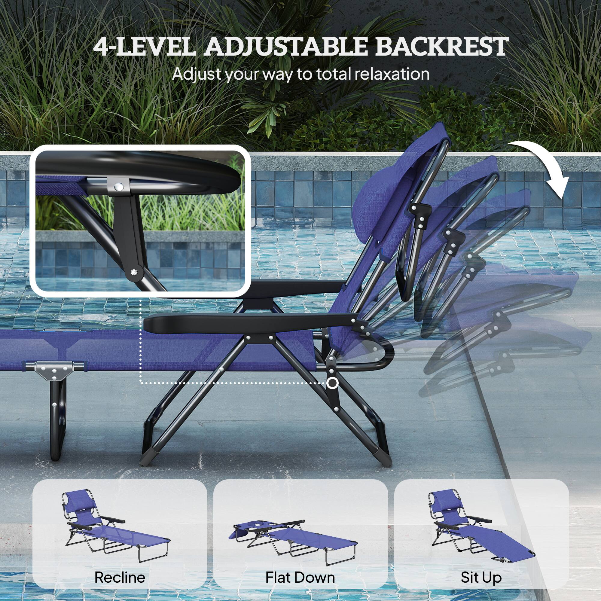 4-LEVEL ADJUSTABLE BACKREST

Adjust your way to total relaxation

Recline
Flat Down
Sit Up