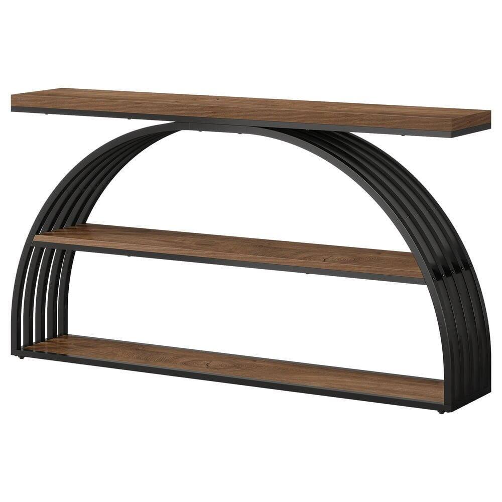 Angle. Kadyn - 63-Inch Farmhouse Console Table with Arched Frame, 3-Tier Industrial Sofa Table, Rustic Brown & Black - Brown.