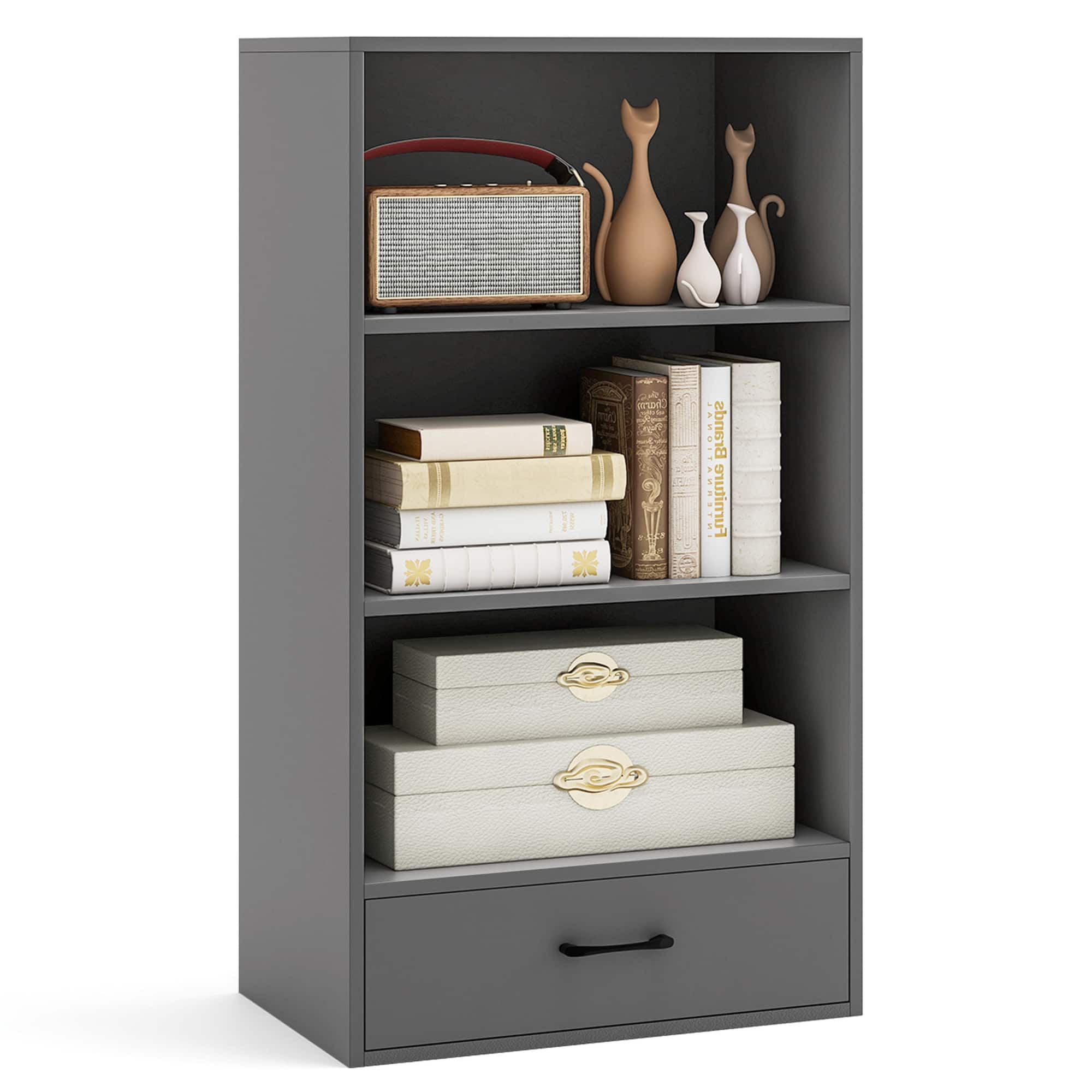 Costway - 42" Tall 4-tier Storage Shelf Wood Bookcase with Drawer Home Organizer Display Rack - Grey