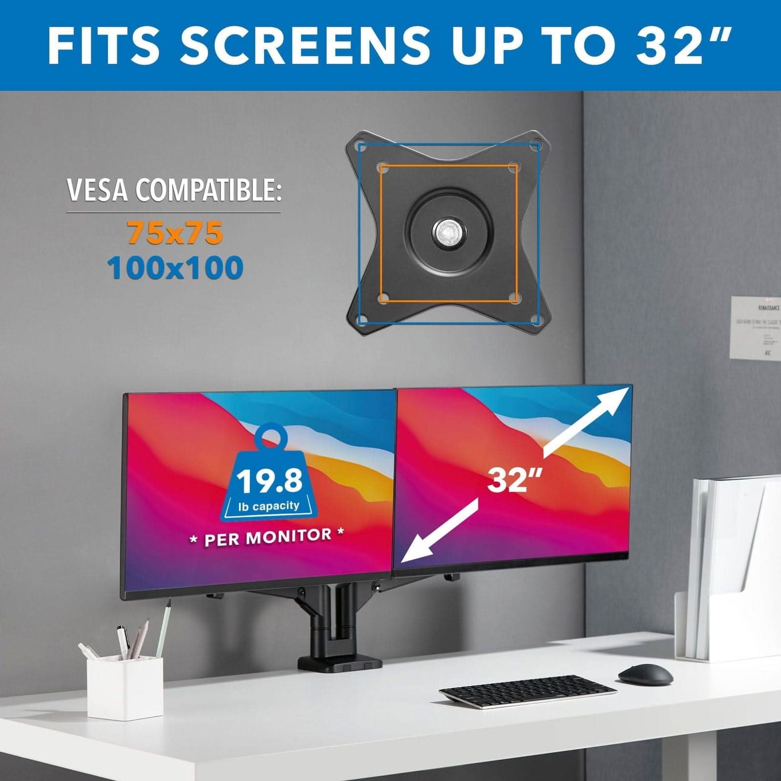 FITS SCREENS UP TO 32"

VESCA COMPATIBLE:
75x75
100x100

19.8 lb capacity * PER MONITOR *

32"