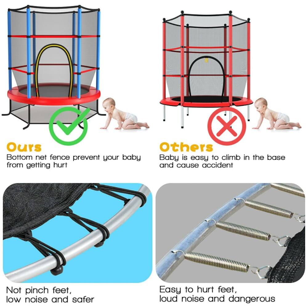**Ours**

- Bottom net fence prevent your baby from getting hurt
- Not pinch feet, low noise and safer

**Others**

- Baby is easy to climb in the base and cause accident
- Easy to hurt feet, loud noise and dangerous