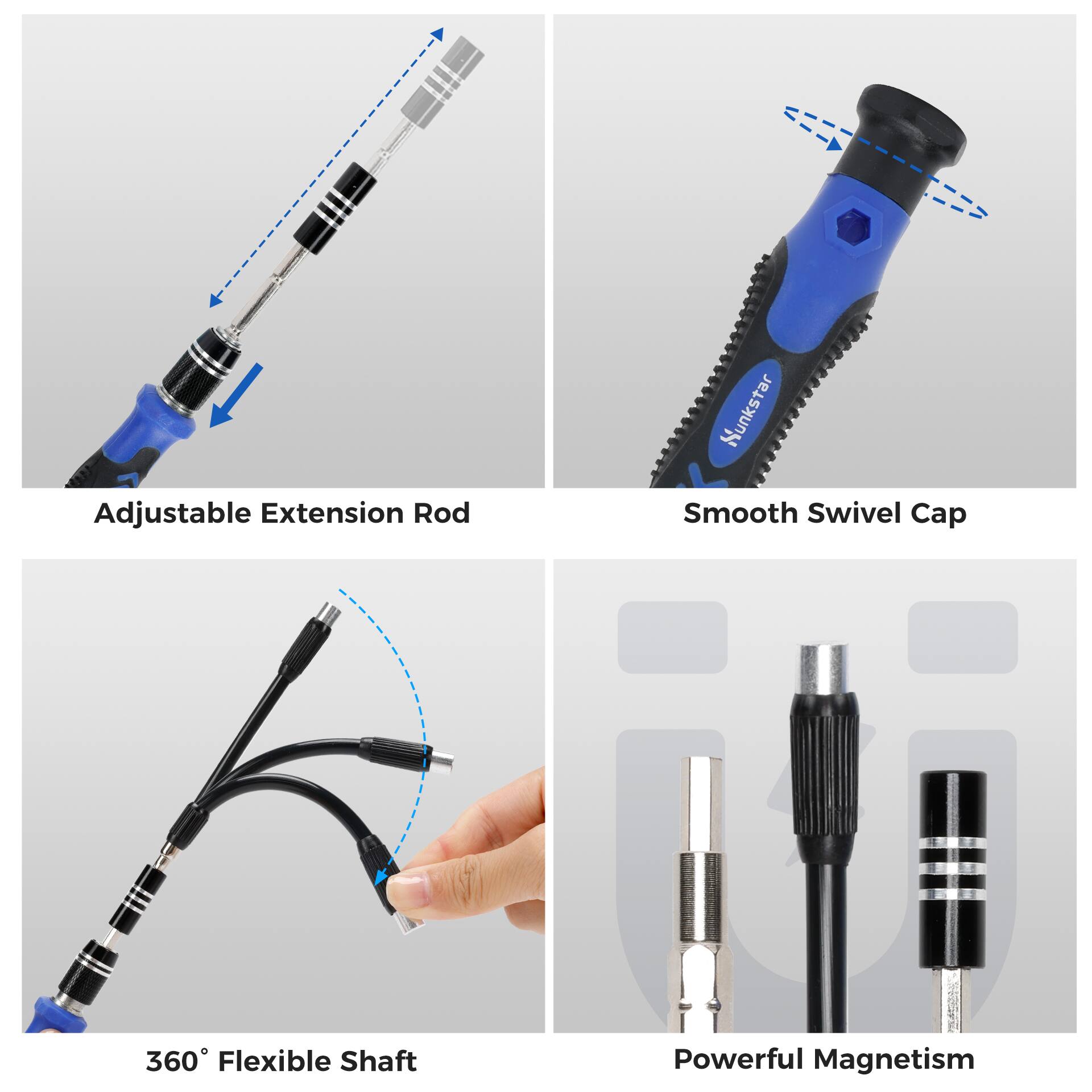 The text on the image is grouped as follows:
1. Adjustable Extension Rod
2. Sunkstar Smooth Swivel Cap
3. 360 Flexible Shaft
4. Powerful Magnetism