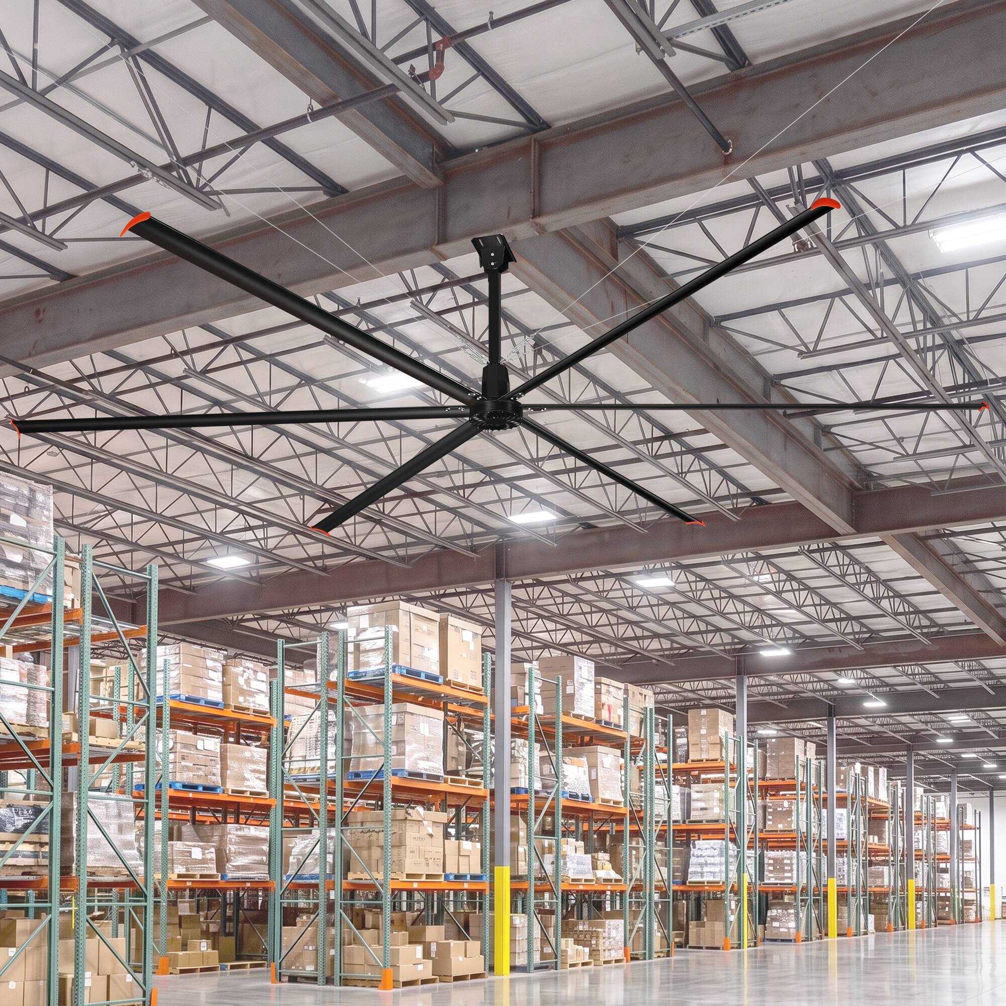 Left. Breezary - 288‑Inch HVLS Industrial Ceiling Fan, 1P 110V, Direct Drive DC Motor, Variable Speed, Aluminum Blades - Matte Black.