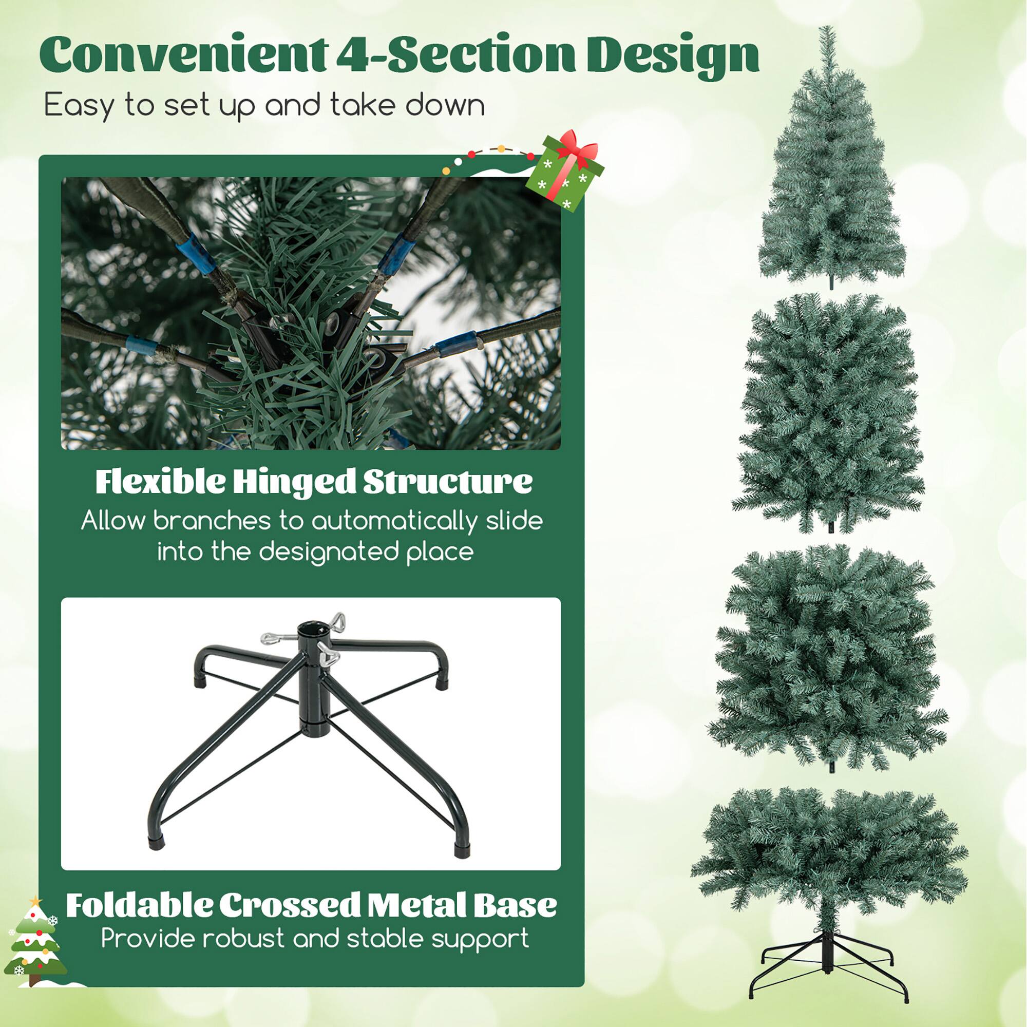 Convenient 4-Section Design  
Easy to set up and take down  

Flexible Hinged Structure  
Allow branches to automatically slide into the designated place  

Foldable Crossed Metal Base  
Provide robust and stable support