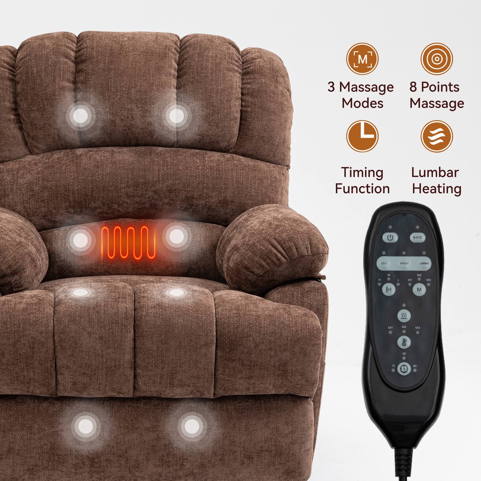 3 Massage Modes  
8 Points Massage  
Timing Function  
Lumbar Heating