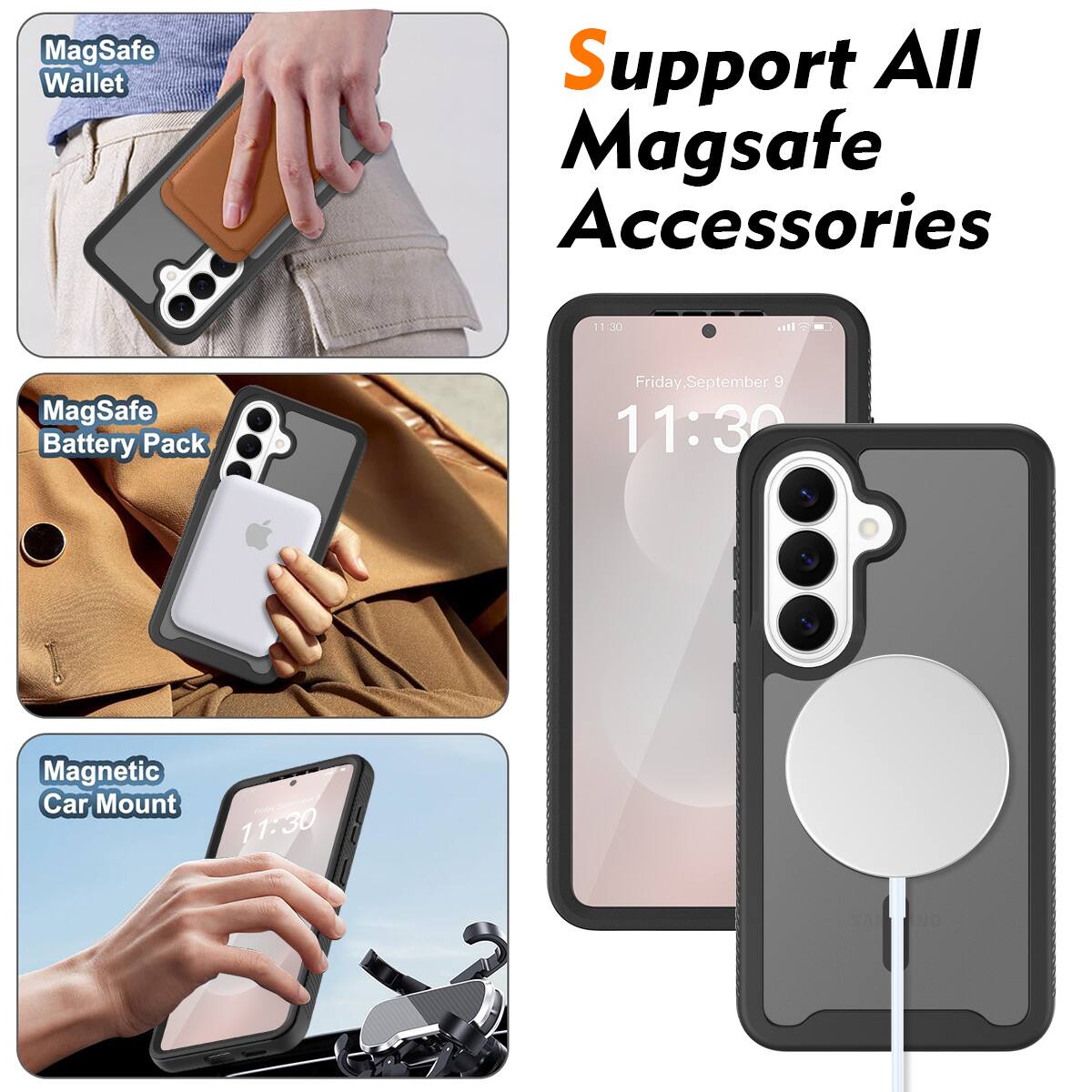 MagSafe Wallet  
MagSafe Battery Pack  
Magnetic Car Mount  

Support All MagSafe Accessories  

11:30  
Friday, September 9  
11:30