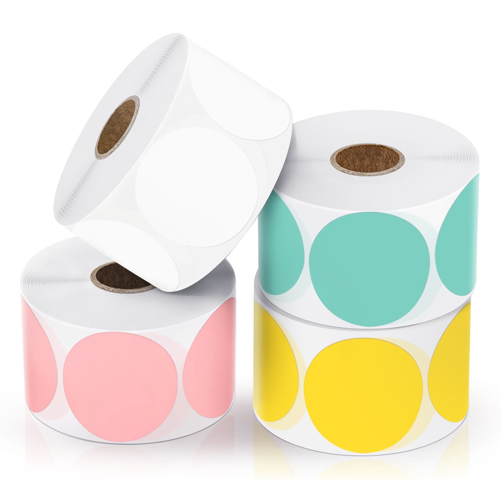 JADENS - 2-Inch Round Thermal Sticker Labels – Self-Adhesive, Waterproof, 750 Labels/Roll (4 Pack) - White, Pink, Yellow, Green