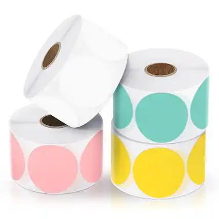 Front. JADENS - 2-Inch Round Thermal Sticker Labels – Self-Adhesive, Waterproof, 750 Labels/Roll (4 Pack) - White, Pink, Yellow, Green.