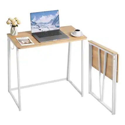 Front. VEVOR - Folding Desk, 31.5" Foldable Table for Small Spaces with Storage Hooks, Space Saving Computer Table, Writing Workstation - Wood Tabletop + White Frame.