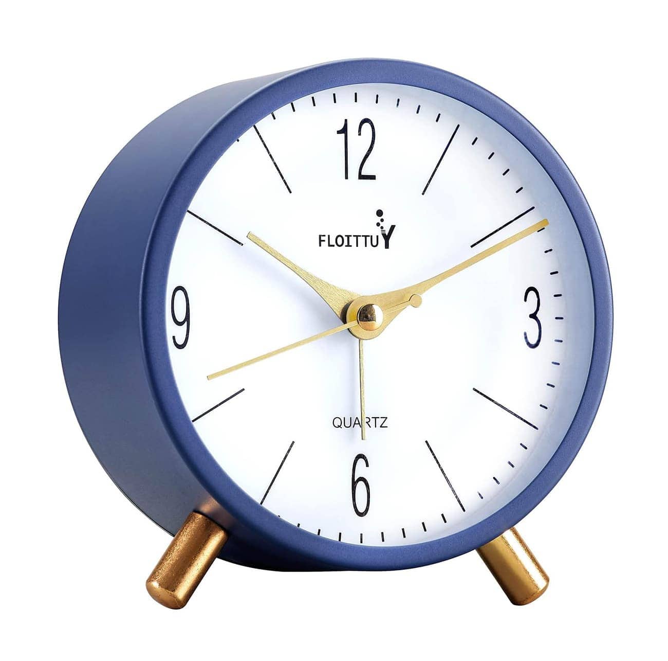 FINEAK - 4" Silent Navy Round Alarm Clock with Night Light, Battery Operated Easy Set Clock - Blue