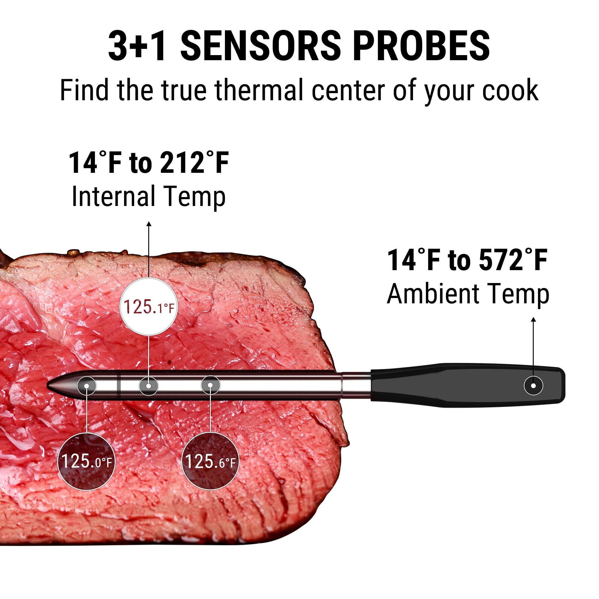 3+1 SENSORS PROBES  
Find the true thermal center of your cook  

14°F to 212°F  
Internal Temp  

14°F to 572°F  
Ambient Temp  

125.1°F  
125.0°F  
125.6°F