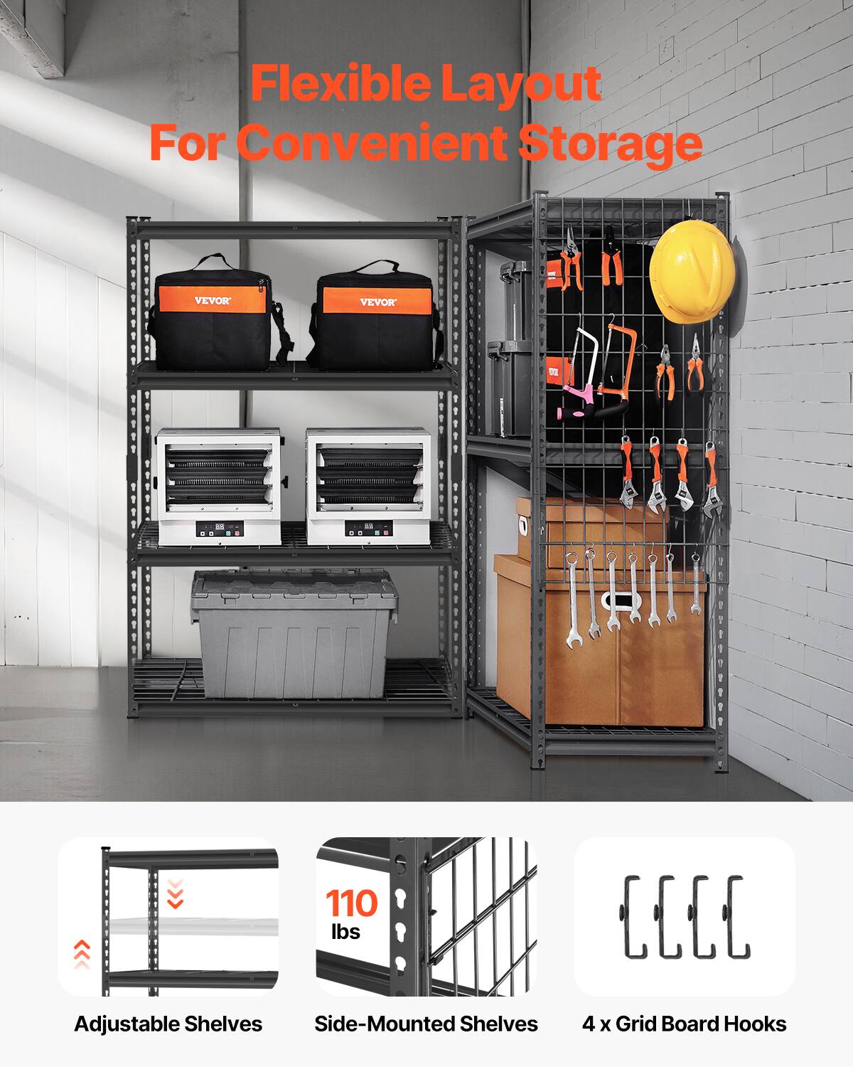 Flexible Layout For Convenient Storage

VEVOR
VEVOR
110 lbs
Adjustable Shelves
Side-Mounted Shelves
4 x Grid Board Hooks